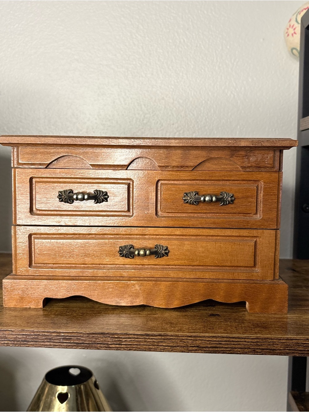 Wood Jewelry Chest with Ornate Brass Handles - Warm Brown